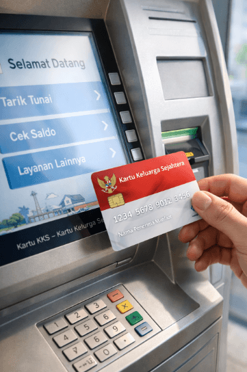Seorang penerima manfaat sedang memasukkan kartu KKS ke dalam mesin ATM untuk mencairkan saldo Bansos BPNT April 2026 secara mandiri.