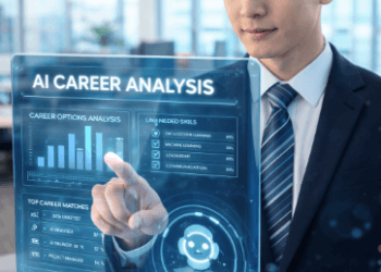 Seorang profesional muda menggunakan teknologi AI untuk merancang panduan karir 2026.