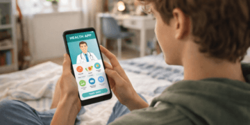 Seorang remaja sedang menggunakan aplikasi kesehatan di smartphone untuk melakukan konseling secara pribadi.