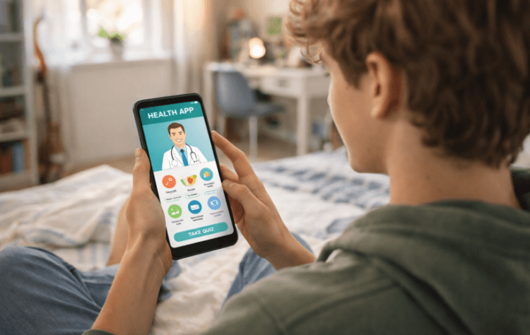 Seorang remaja sedang menggunakan aplikasi kesehatan di smartphone untuk melakukan konseling secara pribadi.