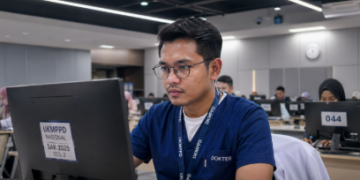 Foto tenaga medis profesional sedang fokus mengerjakan ujian berbasis komputer di dalam aula pengujian modern,