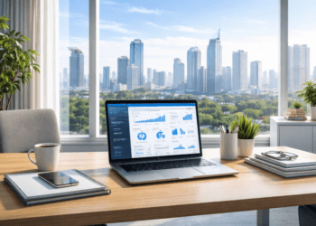 Suasana kerja daring ASN Indonesia dengan pemandangan kota yang bersih di tahun 2026.