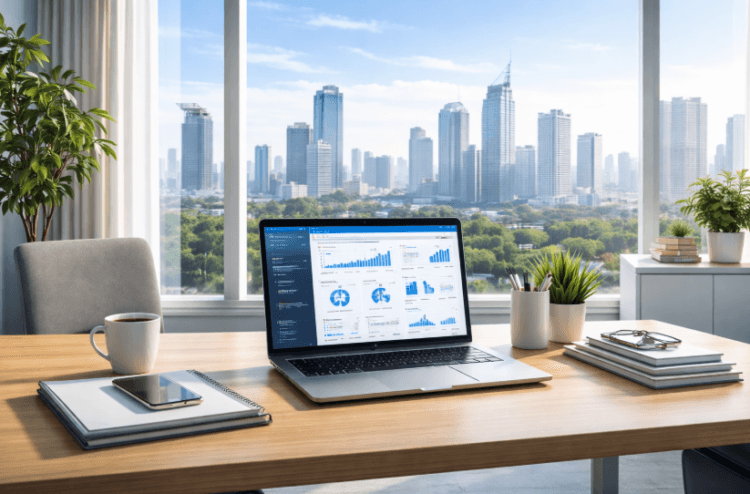 Suasana kerja daring ASN Indonesia dengan pemandangan kota yang bersih di tahun 2026.