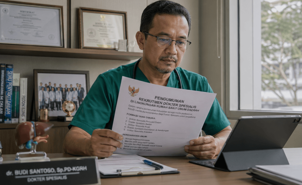 Foto dokter spesialis senior berseragam bedah sedang meneliti dokumen persyaratan seleksi aparatur pemerintah di dalam ruang kerja rumah sakit,