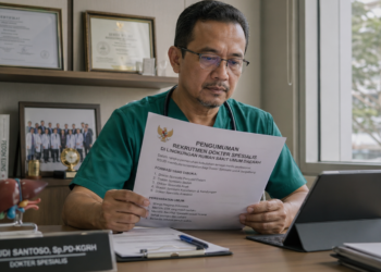 Foto dokter spesialis senior berseragam bedah sedang meneliti dokumen persyaratan seleksi aparatur pemerintah di dalam ruang kerja rumah sakit,