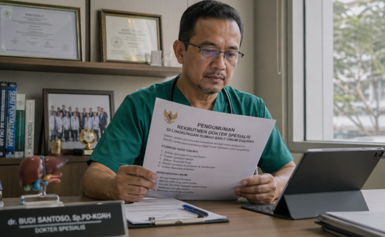 Foto dokter spesialis senior berseragam bedah sedang meneliti dokumen persyaratan seleksi aparatur pemerintah di dalam ruang kerja rumah sakit,