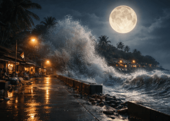 Visualisasi dampak pasang air laut yang meningkat signifikan pasca fenomena Pink Moon di wilayah pesisir.
