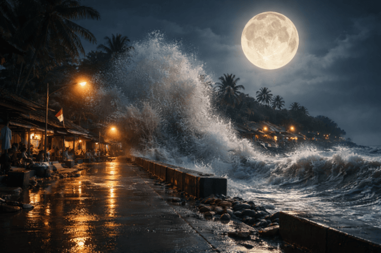 Visualisasi dampak pasang air laut yang meningkat signifikan pasca fenomena Pink Moon di wilayah pesisir.