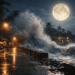 Visualisasi dampak pasang air laut yang meningkat signifikan pasca fenomena Pink Moon di wilayah pesisir.
