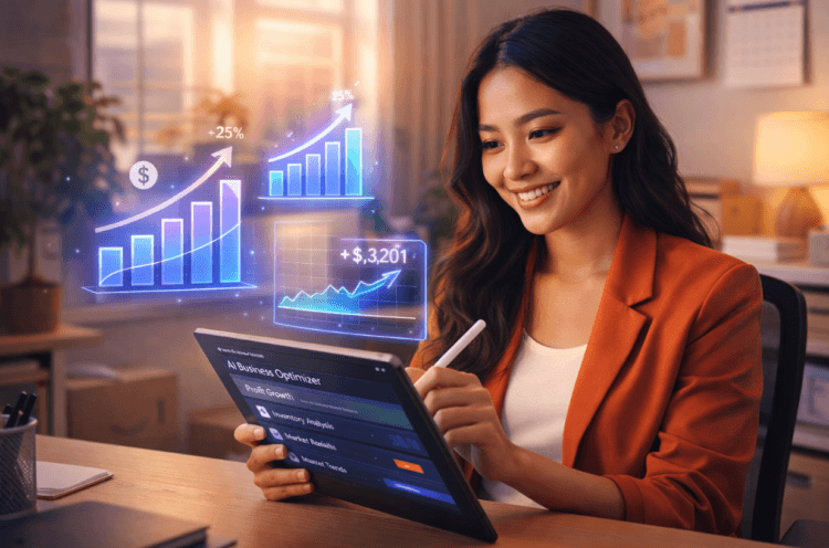 Infografis trik mesin cerdas bantu pengusaha yang menampilkan perempuan mempraktikkan jurus ai buat bisnis wanita.