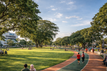 Suasana ceria warga yang sedang berolahraga dan bersantai di area Lapangan Merdeka Binjai.