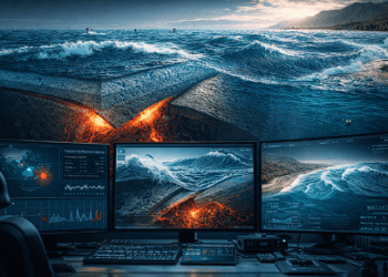 Visualisasi teknologi pemantauan gelombang tsunami oleh BMKG.