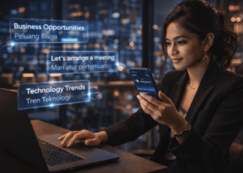 Infografis trik ubah teks luar negeri yang menampilkan wanita cantik mempraktikkan jurus alih bahasa asing.