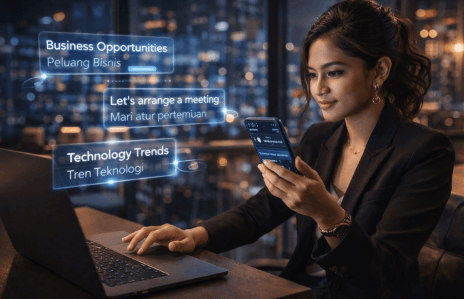 Infografis trik ubah teks luar negeri yang menampilkan wanita cantik mempraktikkan jurus alih bahasa asing.