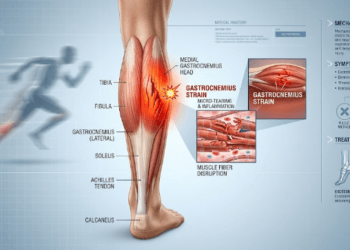 Ilustrasi medis yang menunjukkan lokasi cedera otot pada kaki atlet sebagai bagian dari analisis cedera Jan Oblak.