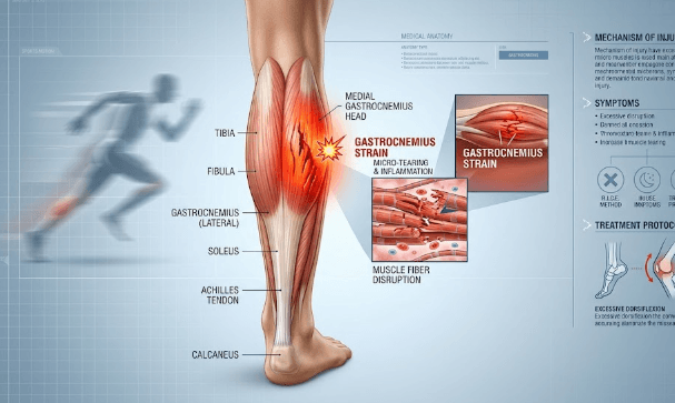 Ilustrasi medis yang menunjukkan lokasi cedera otot pada kaki atlet sebagai bagian dari analisis cedera Jan Oblak.