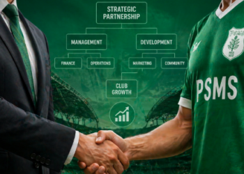 Visualisasi proses transisi manajemen dalam Skema Ambil Alih PSMS Medan oleh pihak pemerintah daerah.