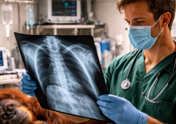 Pemeriksaan medis intensif untuk mendeteksi potensi penyakit tuberkulosis pada orangutan di laboratorium klinik satwa.