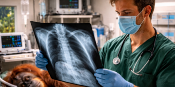 Pemeriksaan medis intensif untuk mendeteksi potensi penyakit tuberkulosis pada orangutan di laboratorium klinik satwa.