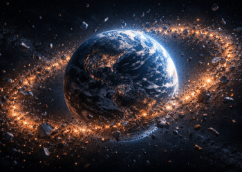 Ilustrasi visual Sindrom Kessler yang menunjukkan kepadatan sampah antariksa di sekitar orbit Bumi.