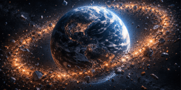 Ilustrasi visual Sindrom Kessler yang menunjukkan kepadatan sampah antariksa di sekitar orbit Bumi.