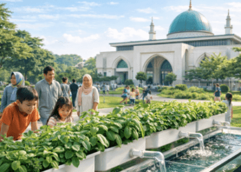 Instalasi Aquaponik Komunal Medan yang menggabungkan kolam ikan dan kebun sayur dalam satu ekosistem buatan yang sangat efisien.