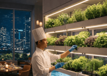 Instalasi Aquaponik Restoran Medan yang menyatu dengan dekorasi interior mewah guna menyajikan bahan pangan paling segar bagi pelanggan.