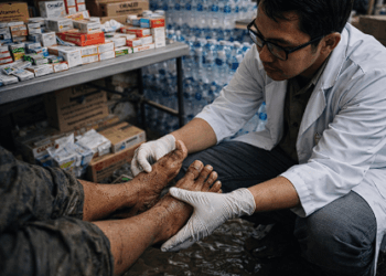 Tenaga medis sedang memeriksa kondisi kulit kaki warga pasca banjir di Sulawesi Tengah tahun 2026 untuk memberikan pengobatan yang tepat.
