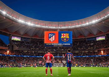 Suasana stadion menjelang laga panas Atlético vs FC Barcelona dalam lanjutan LaLiga musim 2026.