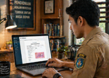 Foto pendidik profesional meneliti pembubuhan meterai elektronik pada dokumen pendaftaran aparatur sipil negara,