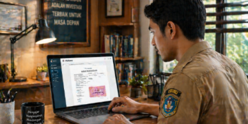 Foto pendidik profesional meneliti pembubuhan meterai elektronik pada dokumen pendaftaran aparatur sipil negara,