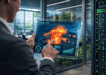 Seorang teknisi sedang melakukan Audit Energi Medan menggunakan perangkat digital guna mengoptimalkan penggunaan listrik di gedung perkantoran.