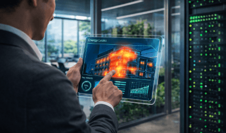 Seorang teknisi sedang melakukan Audit Energi Medan menggunakan perangkat digital guna mengoptimalkan penggunaan listrik di gedung perkantoran.
