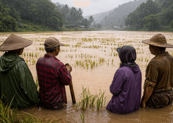 Hamparan sawah di Kecamatan Balaesang yang terendam banjir luapan sungai, mengancam kegagalan panen bagi petani lokal.