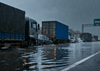 Kendaraan logistik terjebak dalam kondisi Banjir Jalur Pantura Demak yang menghambat distribusi barang pokok antar kota.