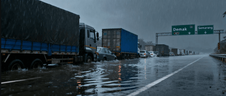 Kendaraan logistik terjebak dalam kondisi Banjir Jalur Pantura Demak yang menghambat distribusi barang pokok antar kota.