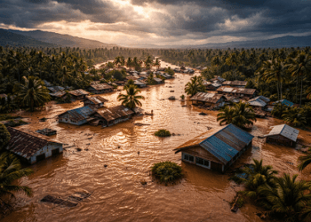 Pemandangan udara permukiman warga di Donggala, Sulawesi Tengah yang terendam banjir luapan sungai.