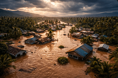 Pemandangan udara permukiman warga di Donggala, Sulawesi Tengah yang terendam banjir luapan sungai.