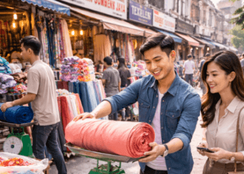Aktivitas para pelaku usaha distro saat berburu kain kiloan di Jalan Sambu Medan untuk menekan biaya produksi.