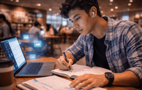 Infografis trik tebus alat dengar tanpa kabel yang menampilkan mahasiswa mencari pelantang telinga mahasiswa.