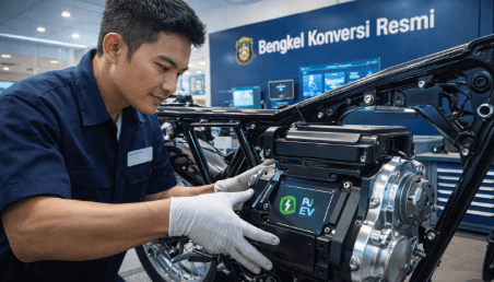 Proses pengerjaan di Bengkel Konversi Medan untuk mengubah mesin pembakaran internal menjadi sistem penggerak listrik yang ramah lingkungan.