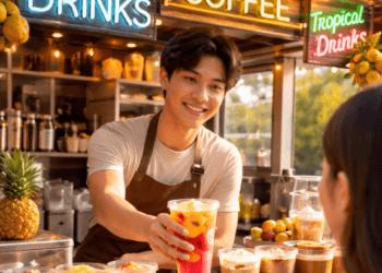 Suasana outlet bisnis minuman viral modal kecil 2026 yang sedang melayani pelanggan dengan ramah.