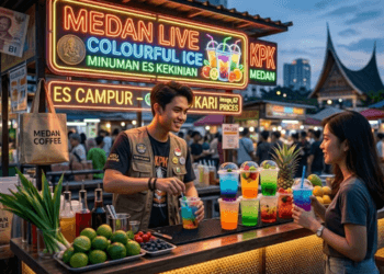 Suasana kedai minuman kekinian yang ramai pelanggan dengan konsep desain minimalis dan estetik.
