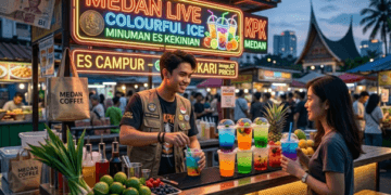 Suasana kedai minuman kekinian yang ramai pelanggan dengan konsep desain minimalis dan estetik.