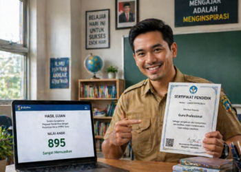 Foto guru muda tersenyum memegang sertifikat profesi pendidik yang menjadi penentu kelulusan seleksi aparatur negara,