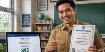 Foto guru muda tersenyum memegang sertifikat profesi pendidik yang menjadi penentu kelulusan seleksi aparatur negara,