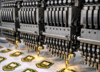 Produksi massal bordir atribut Medan berupa badge sekolah dan logo organisasi menggunakan teknologi mesin komputer otomatis.