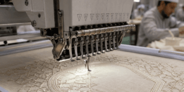 Proses pengerjaan motif bordir geometris pada bagian dada kemeja takwa di pusat bordir baju koko Medan.