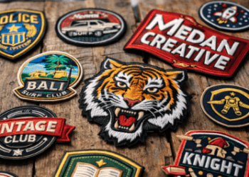 Berbagai bentuk bordir emblem Medan kustom dengan detail jahitan yang rapat dan pilihan warna benang yang cerah.