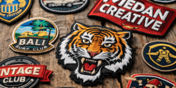 Berbagai bentuk bordir emblem Medan kustom dengan detail jahitan yang rapat dan pilihan warna benang yang cerah.